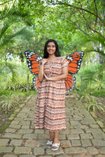 Maroon Vine Foil Rayon Maxi Dress – Double Layer Flutter Sleeve Frock with Adjustable Waist Tie & Side Pockets