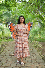 Maroon Vine Foil Rayon Maxi Dress – Double Layer Flutter Sleeve Frock with Adjustable Waist Tie & Side Pockets