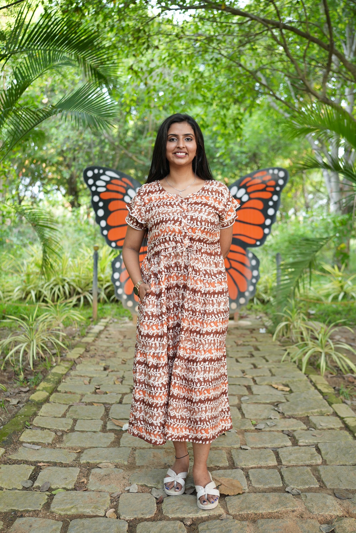 Maroon Vine Foil Rayon Maxi Dress – Double Layer Flutter Sleeve Frock with Adjustable Waist Tie & Side Pockets