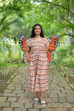 Maroon Vine Foil Rayon Maxi Dress – Double Layer Flutter Sleeve Frock with Adjustable Waist Tie & Side Pockets