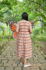 Maroon Vine Foil Rayon Maxi Dress – Double Layer Flutter Sleeve Frock with Adjustable Waist Tie & Side Pockets