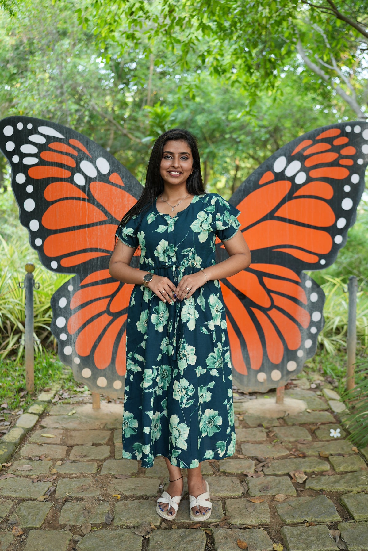 Terracotta Bloom Rayon Foil Maxi Frock – Double Layer Frill Sleeve Summer Dress with Adjustable Waist Tie & Side Pockets - Breathable Summer Wear MAXI Frock