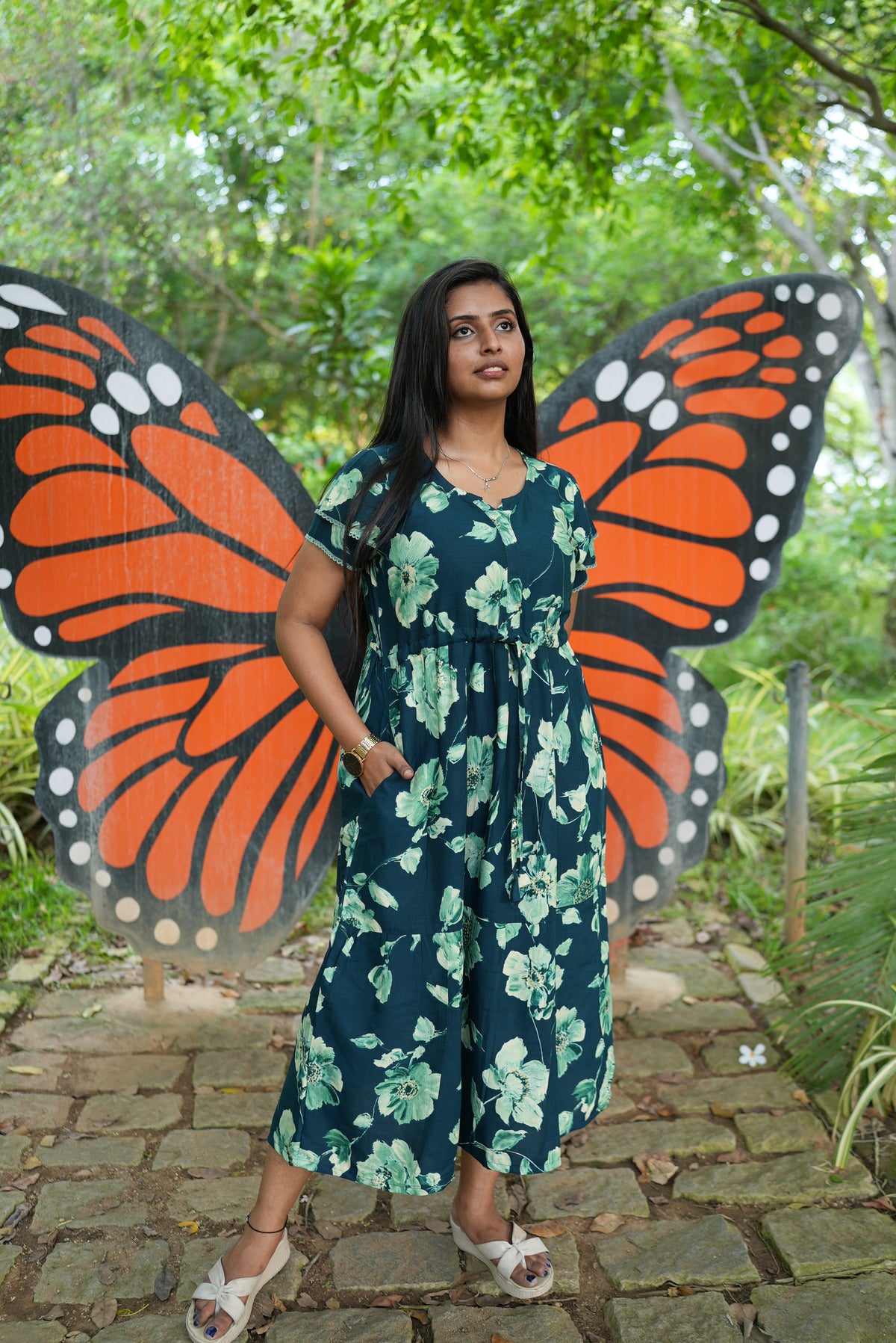 Terracotta Bloom Rayon Foil Maxi Frock – Double Layer Frill Sleeve Summer Dress with Adjustable Waist Tie & Side Pockets - Breathable Summer Wear MAXI Frock