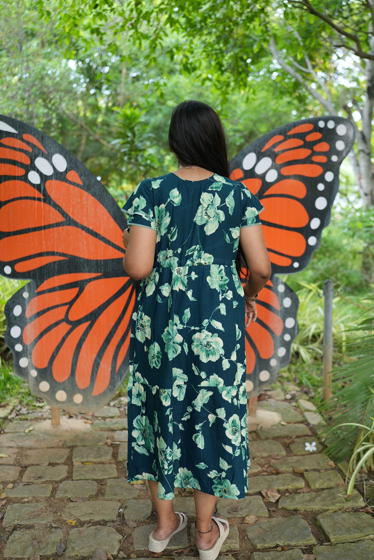 Terracotta Bloom Rayon Foil Maxi Frock – Double Layer Frill Sleeve Summer Dress with Adjustable Waist Tie & Side Pockets - Breathable Summer Wear MAXI Frock