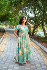 Premium Alpine 3-Layer Summer Maxi Frock – Tropical Palm Print with Double Layer Flutter Sleeves, V-Neck & Side Pockets