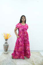 Peacock Floral Premium Alpine 3-Layer Maxi Frock – Elegant Double Layer Butterfly Sleeves with V-Neck & Adjustable Back Tie - Breathable All-Season Fabric