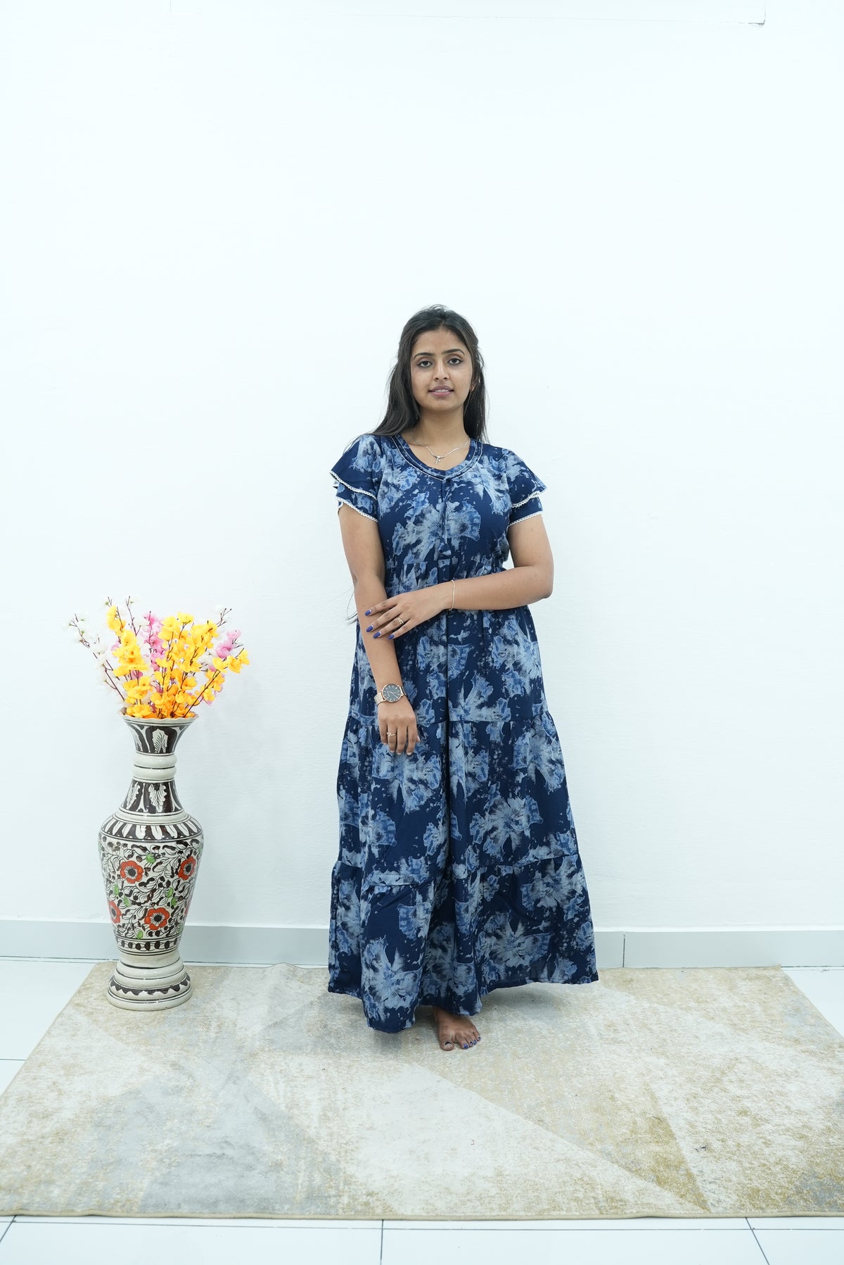 Onyx Midnight Premium Alpine 3-Layer Maxi Frock – Designer Double Layer Butterfly Sleeves with Piping V-Neck & Adjustable Back Tie