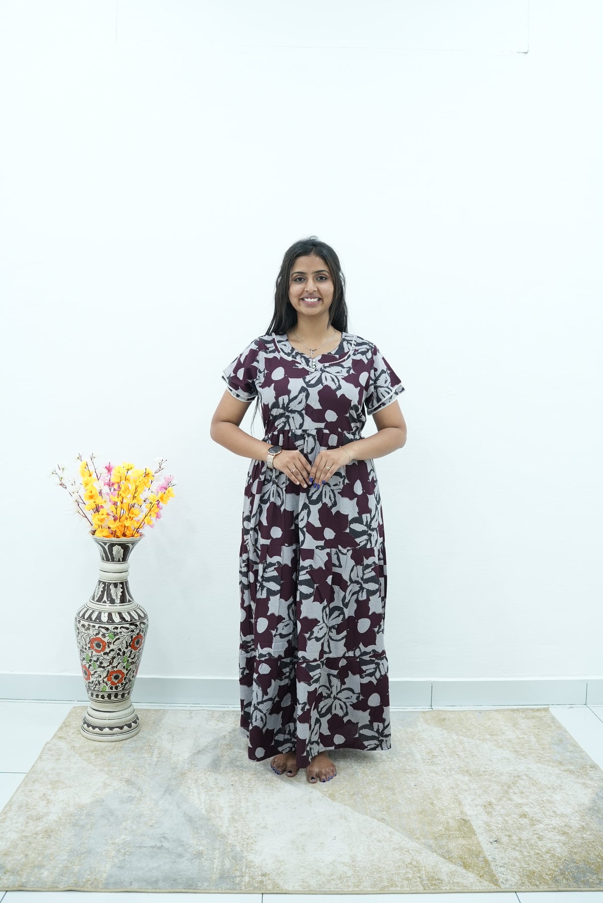 Premium Alpine 3-Layer Navy Bloom Maxi Frock – Botanical Print with Double Layer Flutter Sleeves, Square Neck & Adjustable Back Tie