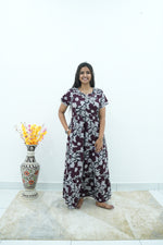 Premium Alpine 3-Layer Navy Bloom Maxi Frock – Botanical Print with Double Layer Flutter Sleeves, Square Neck & Adjustable Back Tie