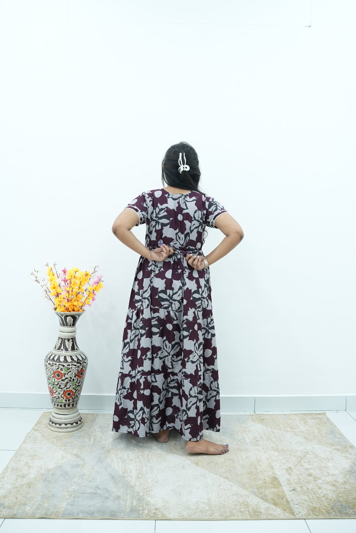 Premium Alpine 3-Layer Navy Bloom Maxi Frock – Botanical Print with Double Layer Flutter Sleeves, Square Neck & Adjustable Back Tie