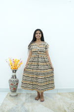 Maroon Vine Foil Rayon Maxi Dress – Double Layer Flutter Sleeve Frock with Adjustable Waist Tie & Side Pockets