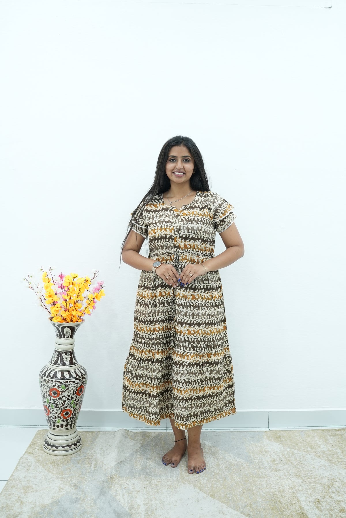 Maroon Vine Foil Rayon Maxi Dress – Double Layer Flutter Sleeve Frock with Adjustable Waist Tie & Side Pockets