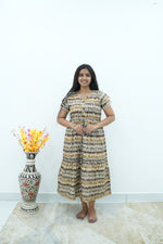 Maroon Vine Foil Rayon Maxi Dress – Double Layer Flutter Sleeve Frock with Adjustable Waist Tie & Side Pockets