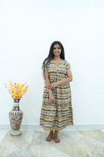 Maroon Vine Foil Rayon Maxi Dress – Double Layer Flutter Sleeve Frock with Adjustable Waist Tie & Side Pockets