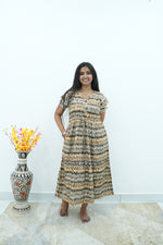 Maroon Vine Foil Rayon Maxi Dress – Double Layer Flutter Sleeve Frock with Adjustable Waist Tie & Side Pockets