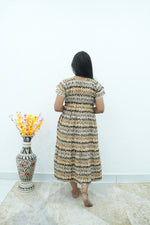 Maroon Vine Foil Rayon Maxi Dress – Double Layer Flutter Sleeve Frock with Adjustable Waist Tie & Side Pockets