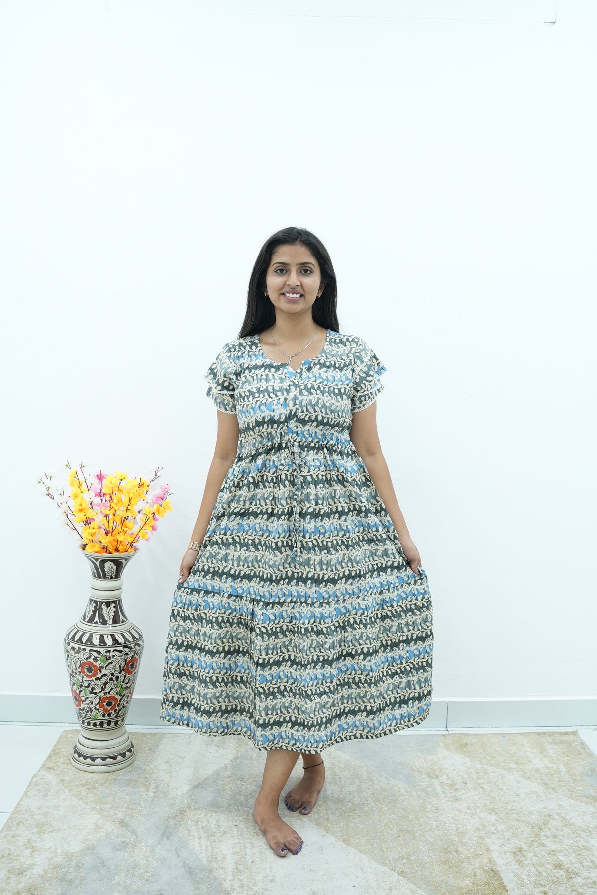 Maroon Vine Foil Rayon Maxi Dress – Double Layer Flutter Sleeve Frock with Adjustable Waist Tie & Side Pockets