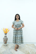 Maroon Vine Foil Rayon Maxi Dress – Double Layer Flutter Sleeve Frock with Adjustable Waist Tie & Side Pockets