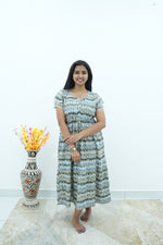 Maroon Vine Foil Rayon Maxi Dress – Double Layer Flutter Sleeve Frock with Adjustable Waist Tie & Side Pockets