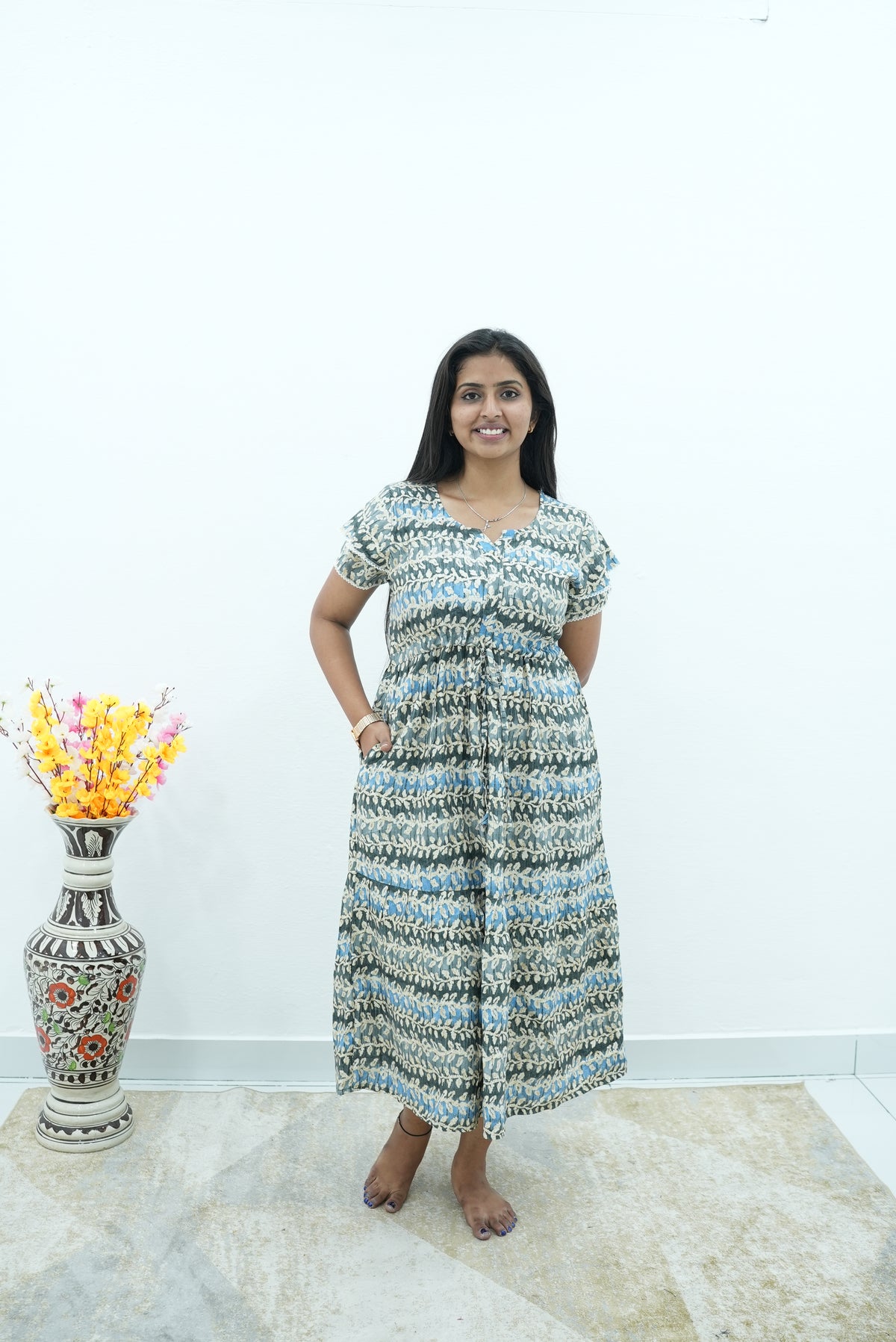 Maroon Vine Foil Rayon Maxi Dress – Double Layer Flutter Sleeve Frock with Adjustable Waist Tie & Side Pockets