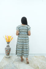 Maroon Vine Foil Rayon Maxi Dress – Double Layer Flutter Sleeve Frock with Adjustable Waist Tie & Side Pockets