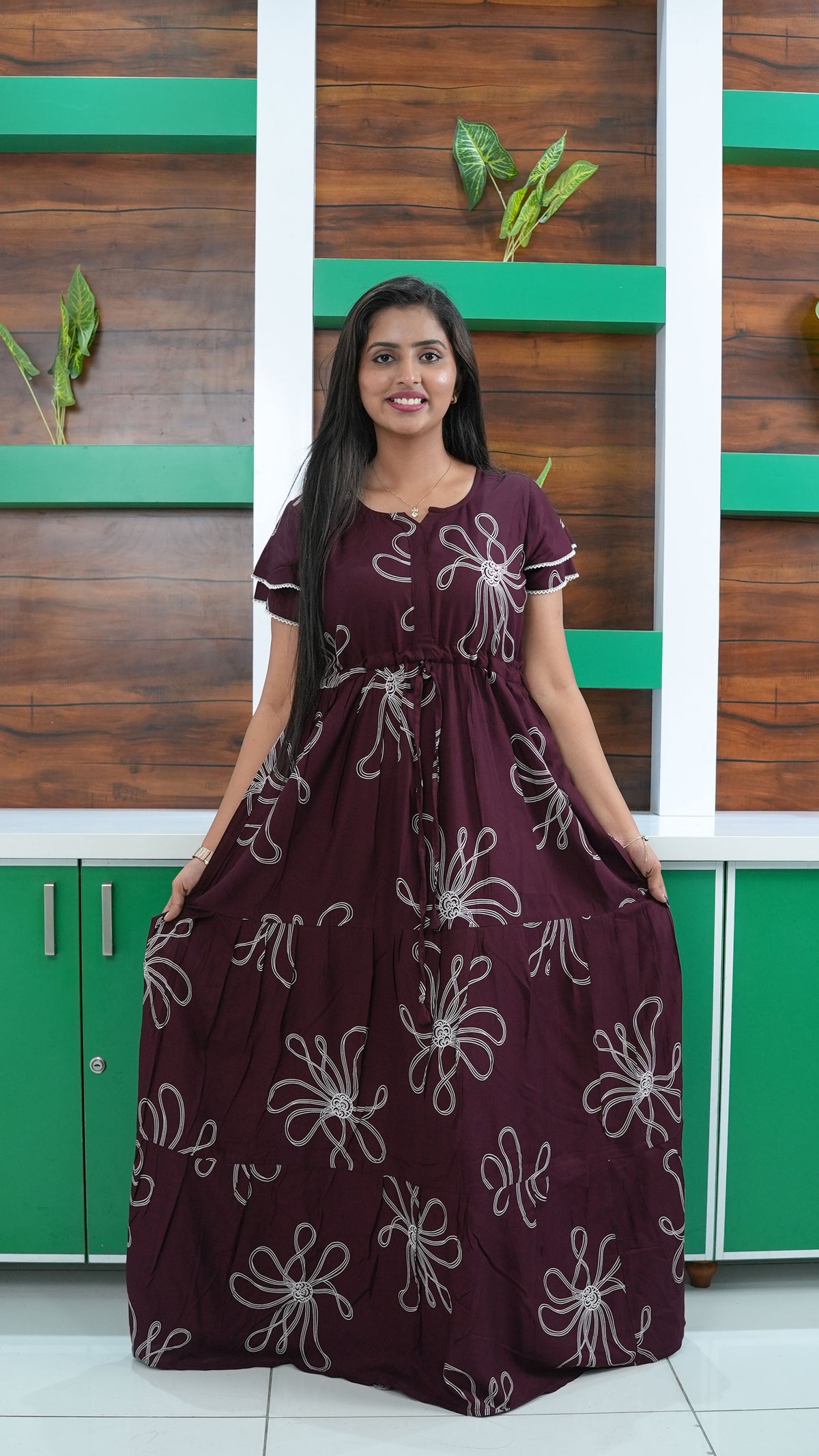 Deep Wine Red Linear Floral Rayon Gathering Frock – Adjustable Front Rope Night Gown with Double Layer Sleeve