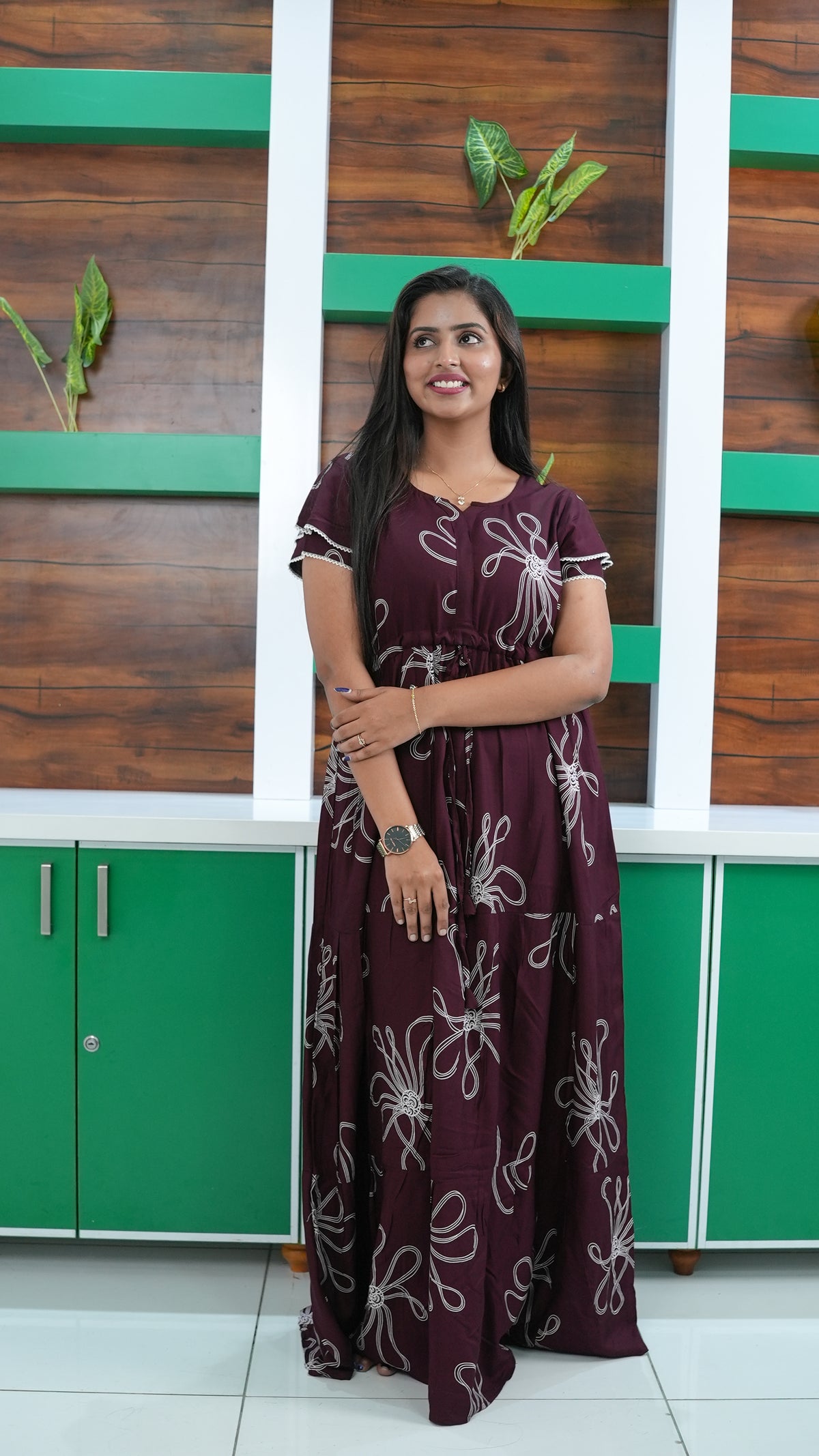 Deep Wine Red Linear Floral Rayon Gathering Frock – Adjustable Front Rope Night Gown with Double Layer Sleeve