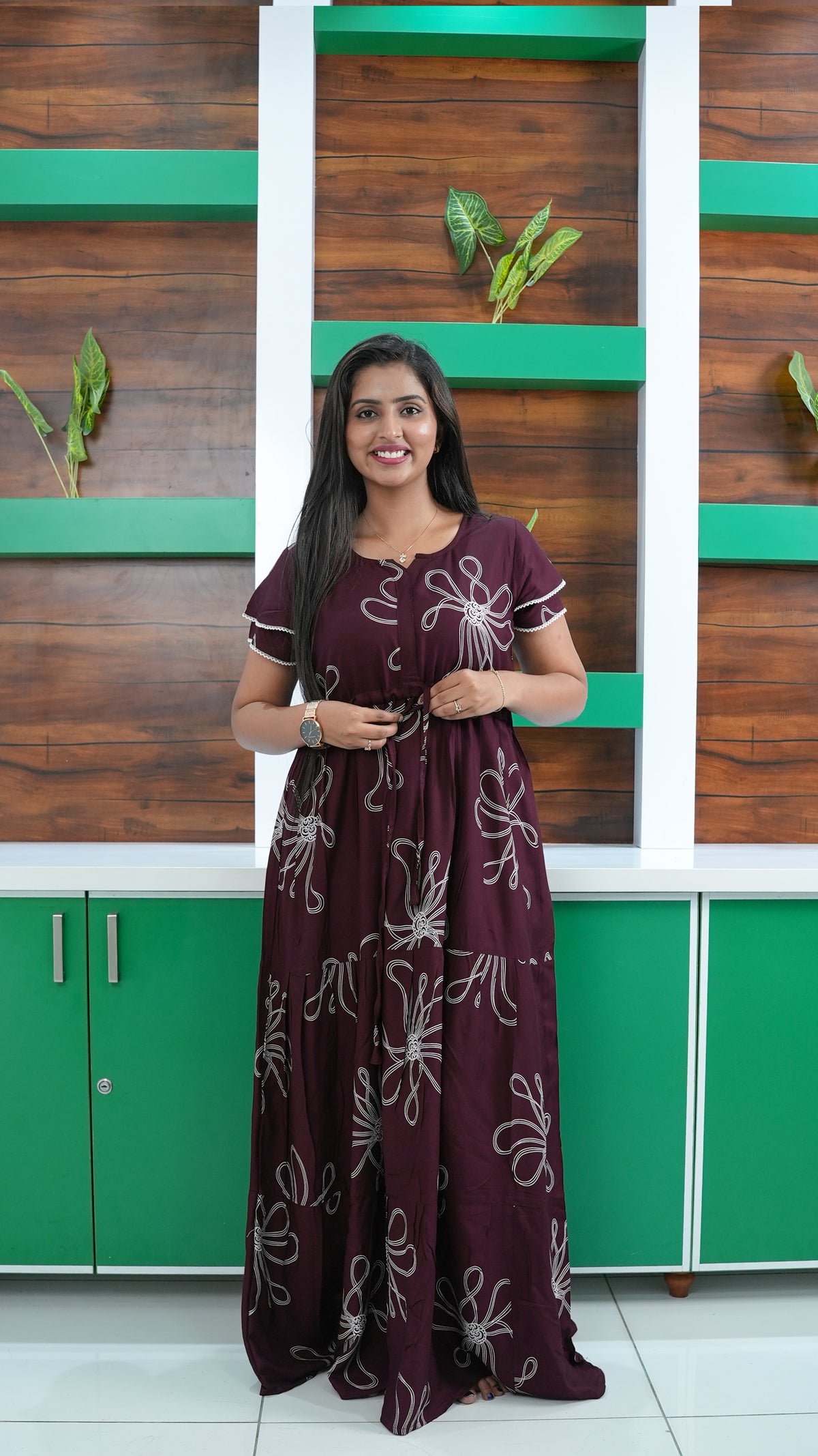 Deep Wine Red Linear Floral Rayon Gathering Frock – Adjustable Front Rope Night Gown with Double Layer Sleeve