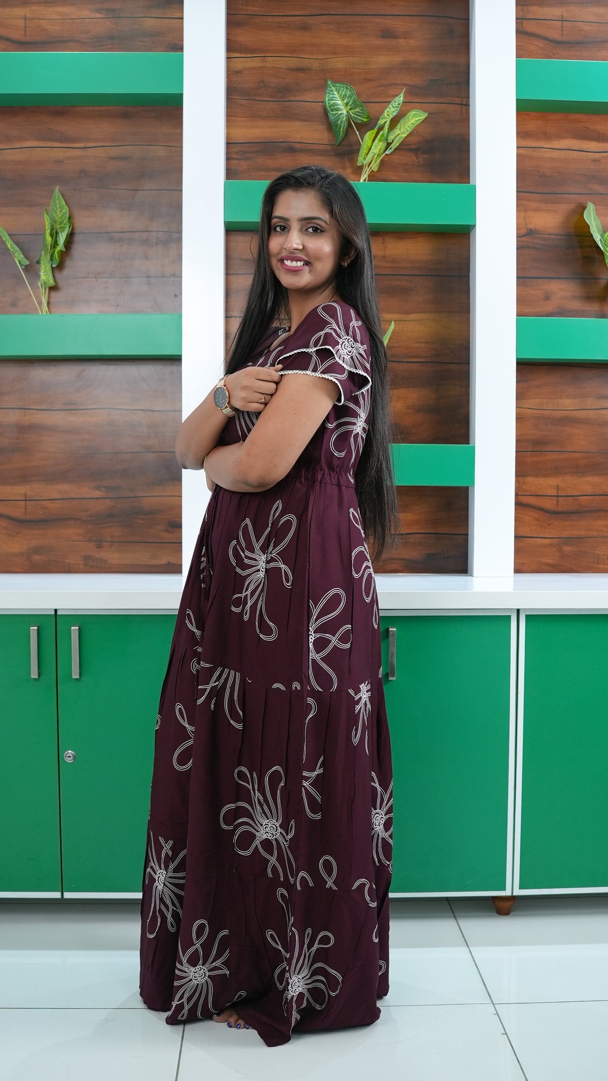 Deep Wine Red Linear Floral Rayon Gathering Frock – Adjustable Front Rope Night Gown with Double Layer Sleeve