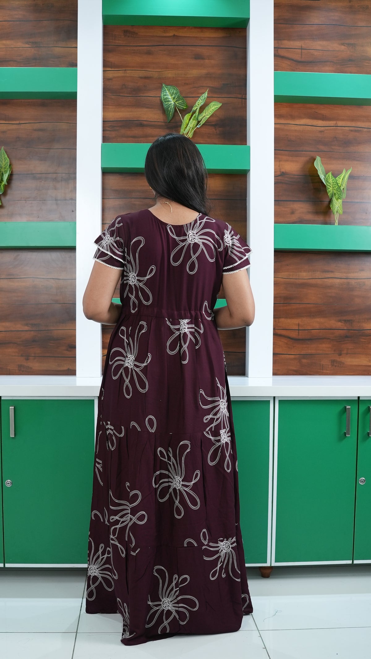 Deep Wine Red Linear Floral Rayon Gathering Frock – Adjustable Front Rope Night Gown with Double Layer Sleeve