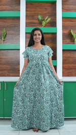Seafoam Green Lily Print Rayon Gathering Frock – Adjustable Front Rope Night Gown with Double Layer Sleeve