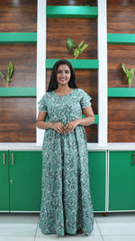 Seafoam Green Lily Print Rayon Gathering Frock – Adjustable Front Rope Night Gown with Double Layer Sleeve