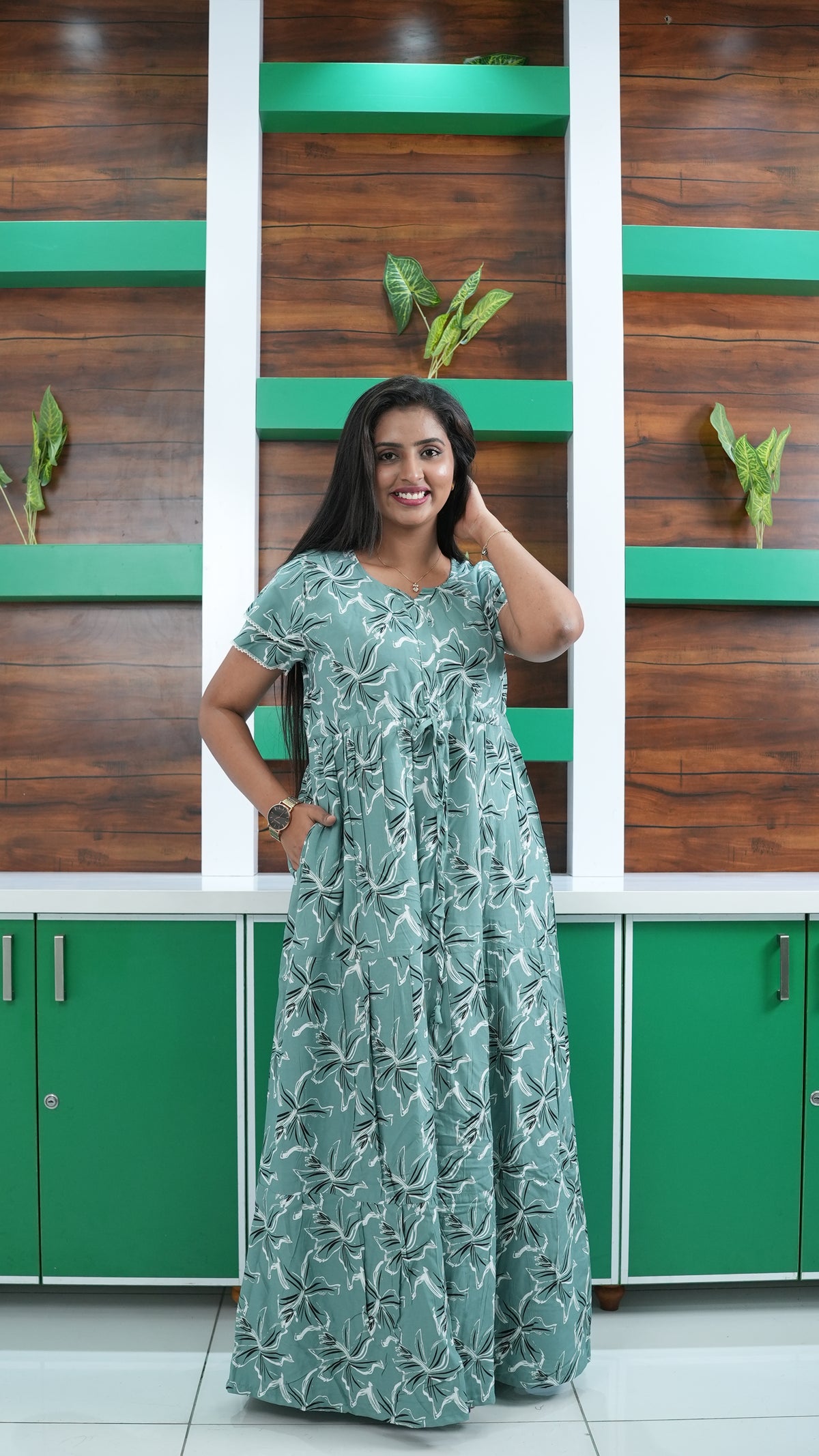 Seafoam Green Lily Print Rayon Gathering Frock – Adjustable Front Rope Night Gown with Double Layer Sleeve