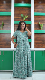 Seafoam Green Lily Print Rayon Gathering Frock – Adjustable Front Rope Night Gown with Double Layer Sleeve