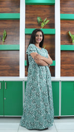 Seafoam Green Lily Print Rayon Gathering Frock – Adjustable Front Rope Night Gown with Double Layer Sleeve