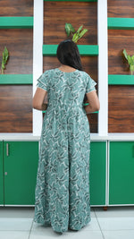 Seafoam Green Lily Print Rayon Gathering Frock – Adjustable Front Rope Night Gown with Double Layer Sleeve