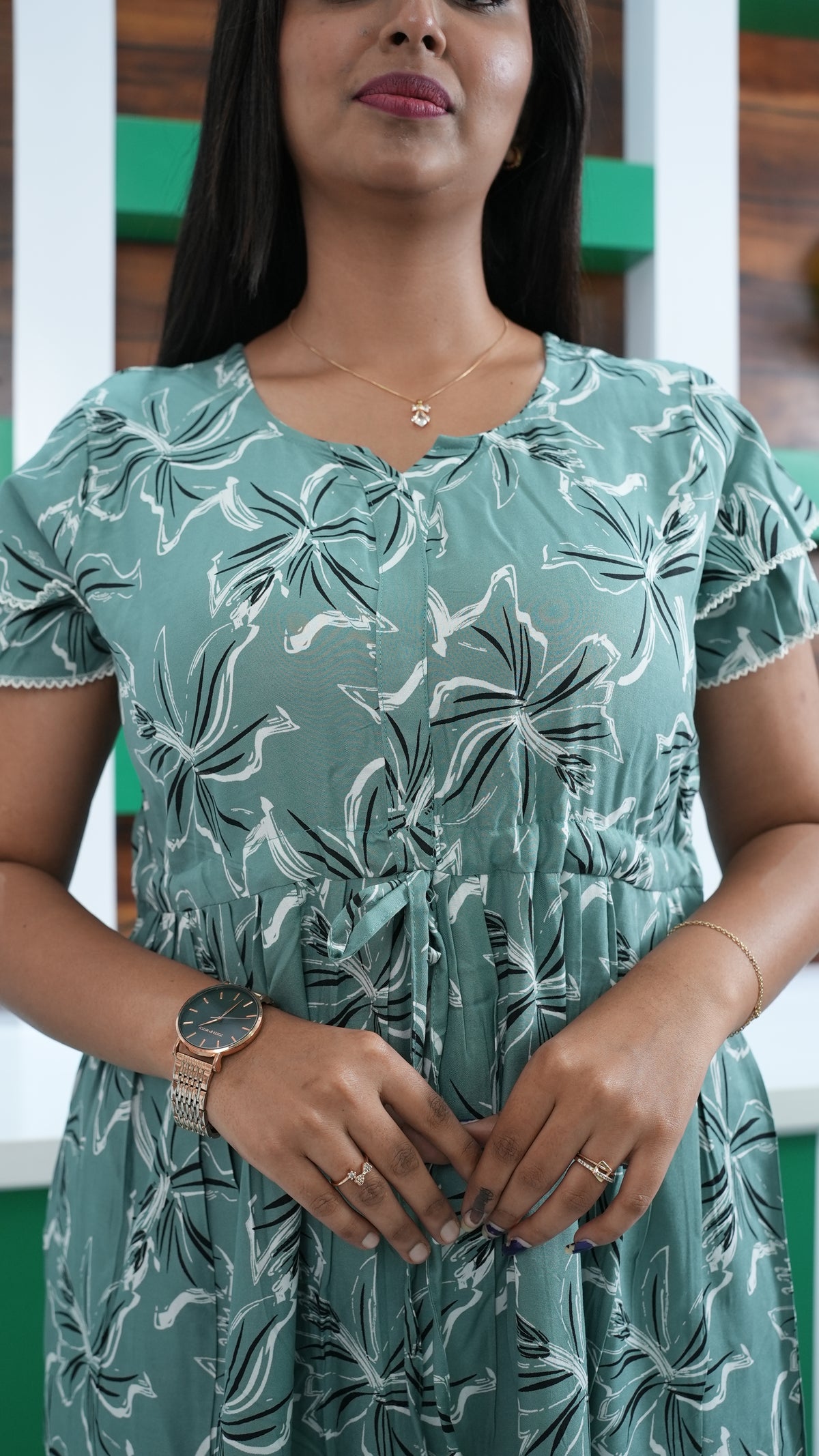 Seafoam Green Lily Print Rayon Gathering Frock – Adjustable Front Rope Night Gown with Double Layer Sleeve