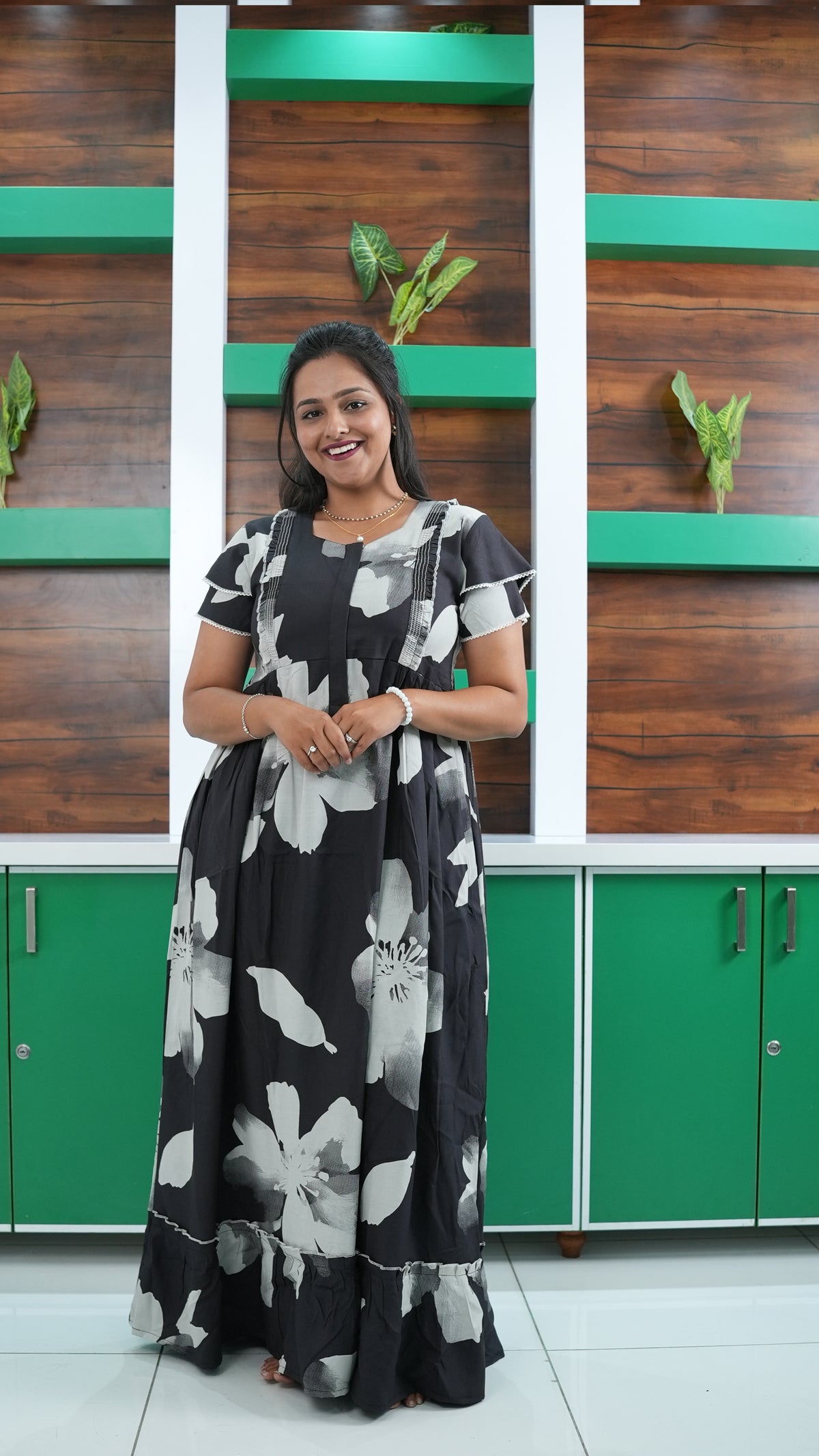 Mint Green Botanical Print Rayon Feeding Frock – Stylish Front Open Zipper Maternity Dress with Double Layer Sleeves