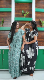 Seafoam Green Lily Print Rayon Gathering Frock – Adjustable Front Rope Night Gown with Double Layer Sleeve