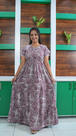 Dusty Grape Linear Floral Rayon Gathering Frock – Adjustable Front Rope Night Gown with Double Layer Sleeve