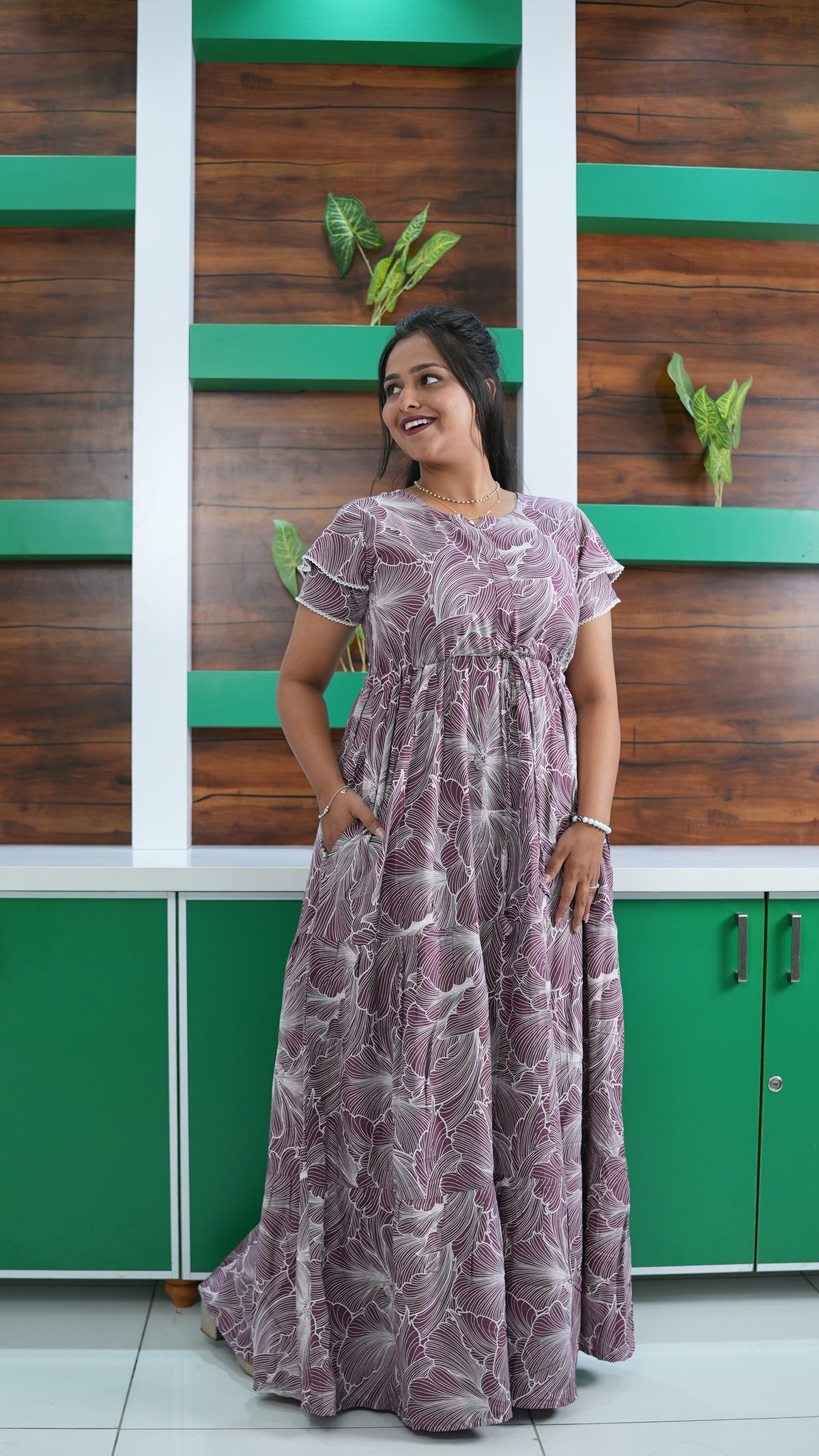 Dusty Grape Linear Floral Rayon Gathering Frock – Adjustable Front Rope Night Gown with Double Layer Sleeve