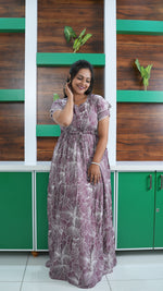 Dusty Grape Linear Floral Rayon Gathering Frock – Adjustable Front Rope Night Gown with Double Layer Sleeve