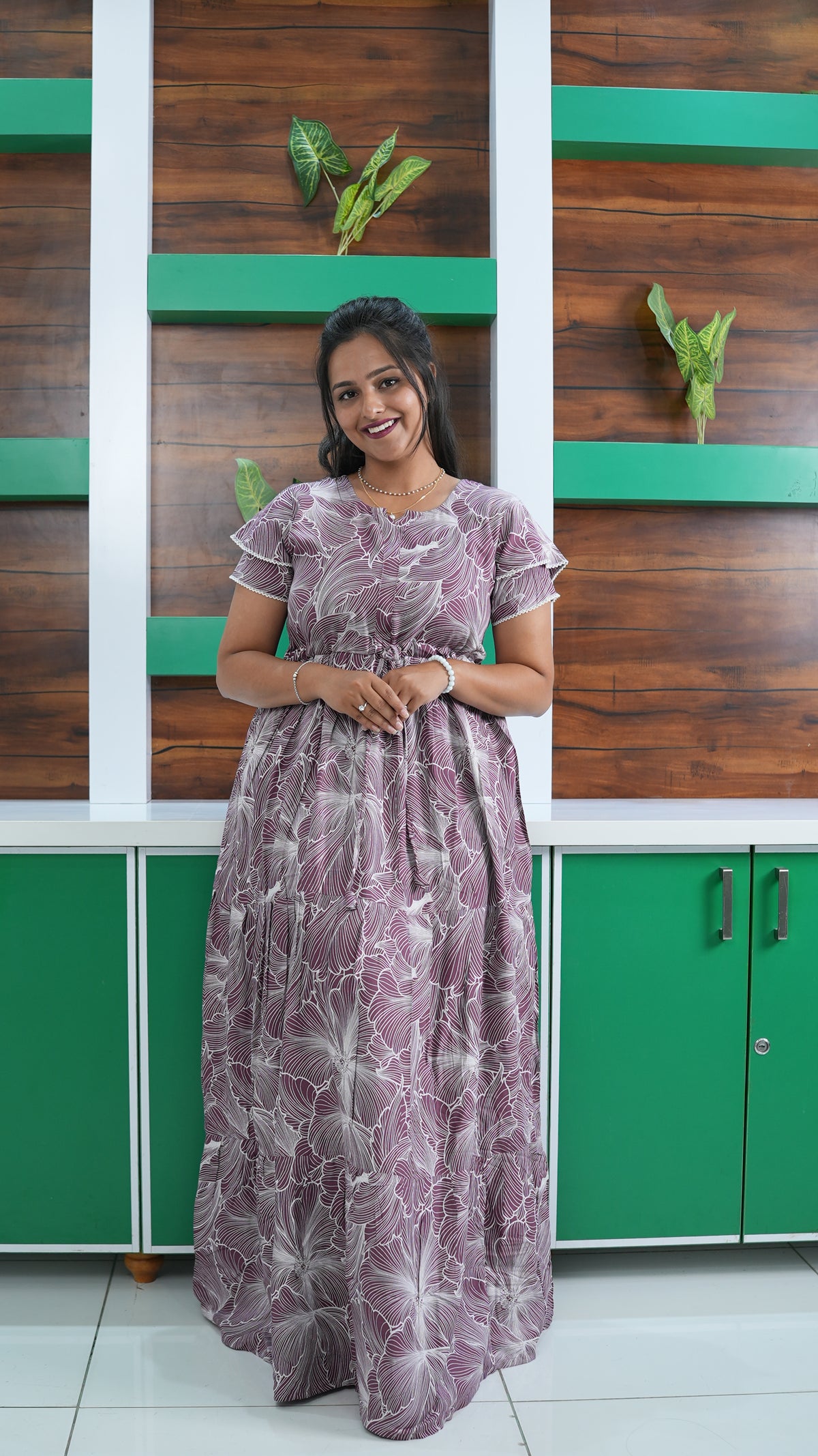 Dusty Grape Linear Floral Rayon Gathering Frock – Adjustable Front Rope Night Gown with Double Layer Sleeve