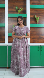 Dusty Grape Linear Floral Rayon Gathering Frock – Adjustable Front Rope Night Gown with Double Layer Sleeve