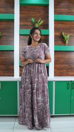 Dusty Grape Linear Floral Rayon Gathering Frock – Adjustable Front Rope Night Gown with Double Layer Sleeve