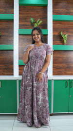 Dusty Grape Linear Floral Rayon Gathering Frock – Adjustable Front Rope Night Gown with Double Layer Sleeve