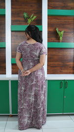 Dusty Grape Linear Floral Rayon Gathering Frock – Adjustable Front Rope Night Gown with Double Layer Sleeve