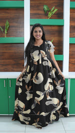 Chocolate Brown Autumn Leaf Print Rayon Feeding Frock – Stylish Front Open Zipper Maternity Dress with Double Layer Sleeves