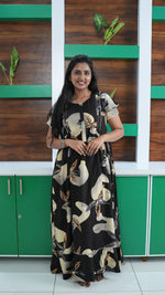 Chocolate Brown Autumn Leaf Print Rayon Feeding Frock – Stylish Front Open Zipper Maternity Dress with Double Layer Sleeves