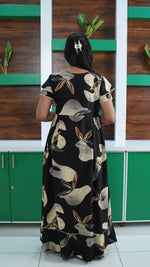 Chocolate Brown Autumn Leaf Print Rayon Feeding Frock – Stylish Front Open Zipper Maternity Dress with Double Layer Sleeves